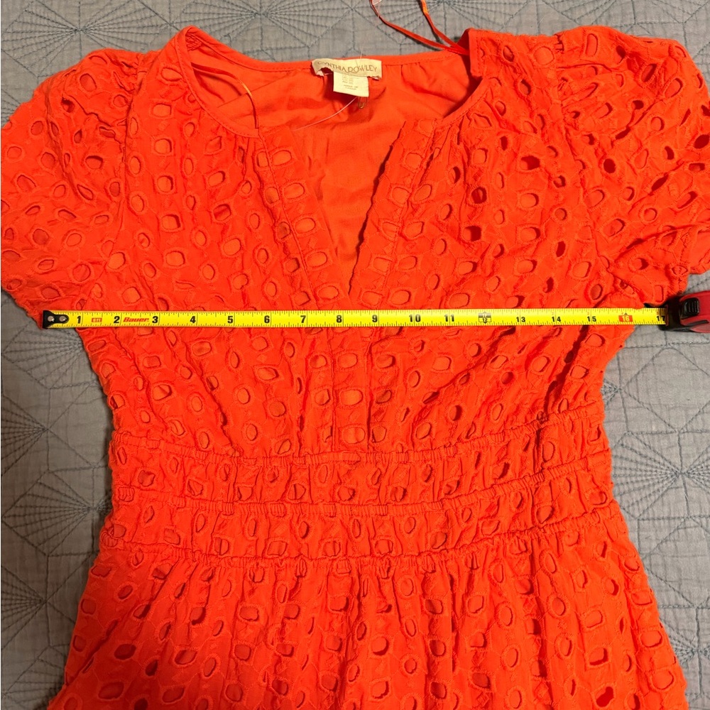 Cynthia Rowley Orange Large Eyelet Smocked Mini Dress w/ Pockets Sz XS - Picture 9 of 11